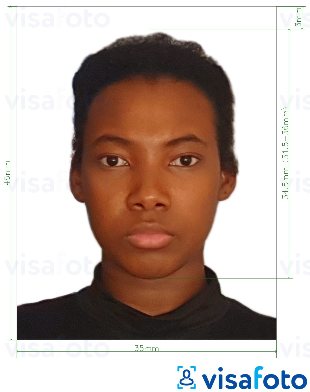  Beninning pasporti 3,5x4,5 sm (35x45 mm) uchun rasm namunasi zaruriy hajm xususiyatlariga ega