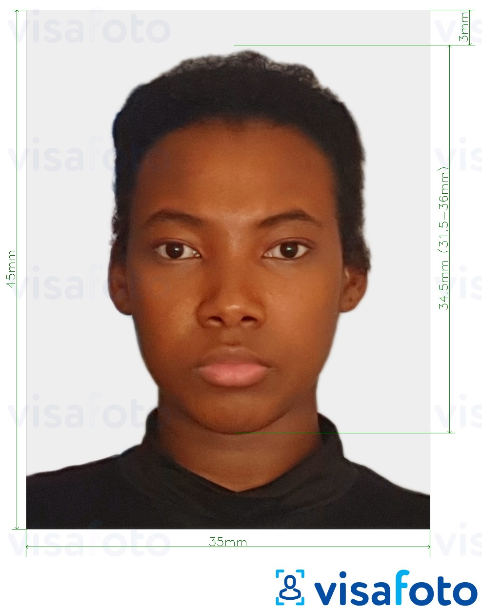  Saint Kitts va Nevis pasport fotosurati 35x45 mm (1.77x1.38 dyuym) uchun rasm namunasi zaruriy hajm xususiyatlariga ega