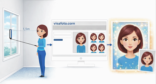 Smartfon yoki kamera yordamida istalgan fon qarshisida suratga tushing, uni bu yerga yuklang va darhol vizangiz, pasportingiz yoki ID uchun professional foto oling.